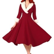 RAMITER LEEy-world Christmas Dresses For Women, Women's 3D Christmas Print Round Neck Casual Flared Midi Dress Red,XL