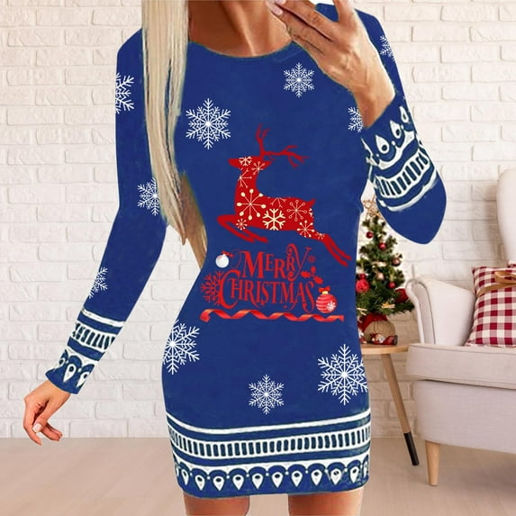 LEEy-world Christmas Gifts For Teenage Girls, Women's Christmas Ankle Length Dress, Cartoon Print V-Neck Long Sleeve Waist Strappy A-Line Dress Blue,M