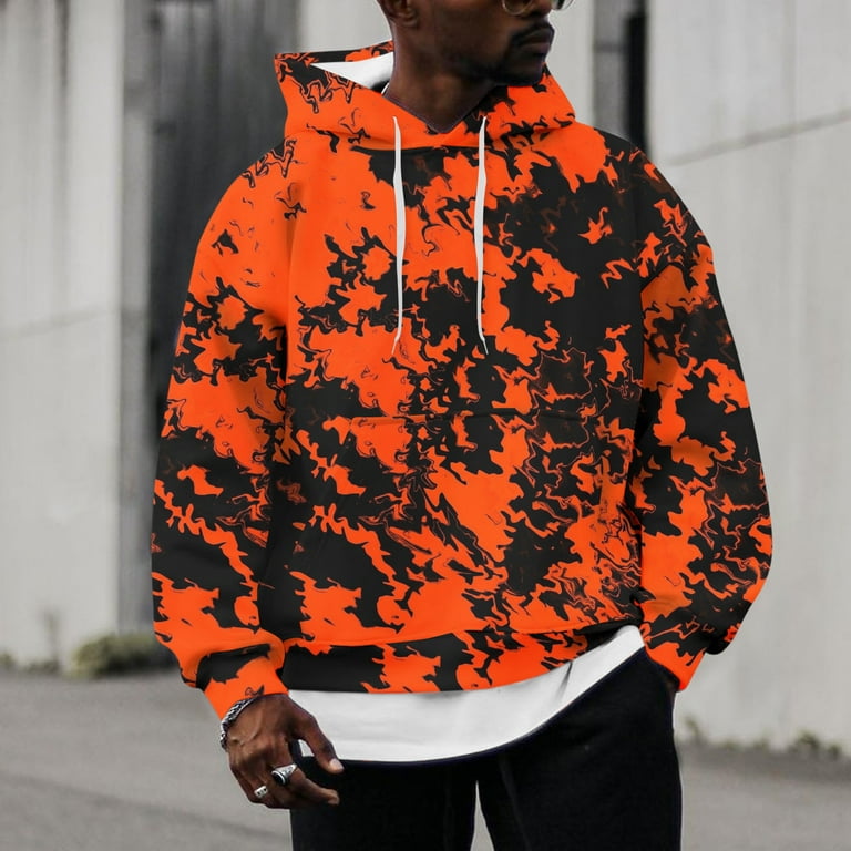 LEEy world Hoodies for Men Full Zip Crewneck Powerblend Crew Comfortable Sweatshirts for Men Left Chest Script Orange 3XL