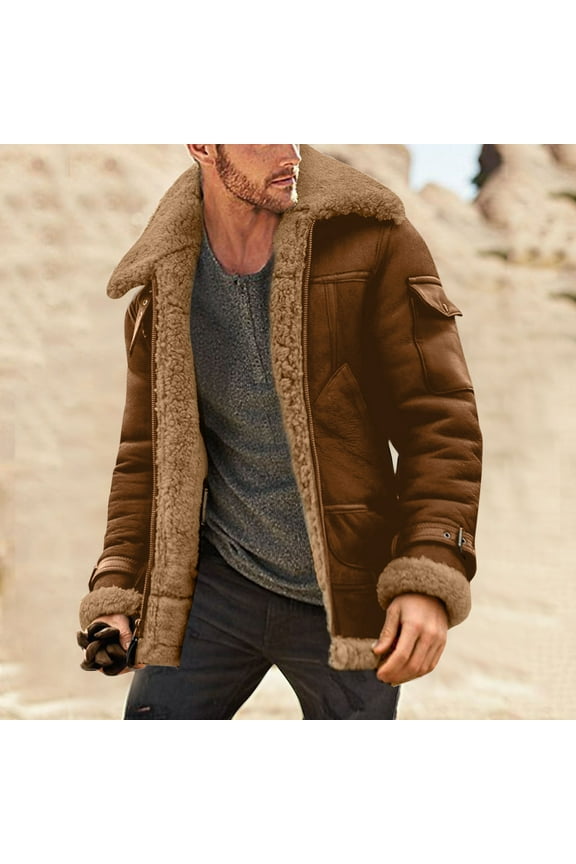 Jackets for Men Men Plus Size Winter Coat Lapel Collar Long Sleeve Padded Leather Jacket Vintage Thicken Coat Rancher Jacket (Khaki, S)