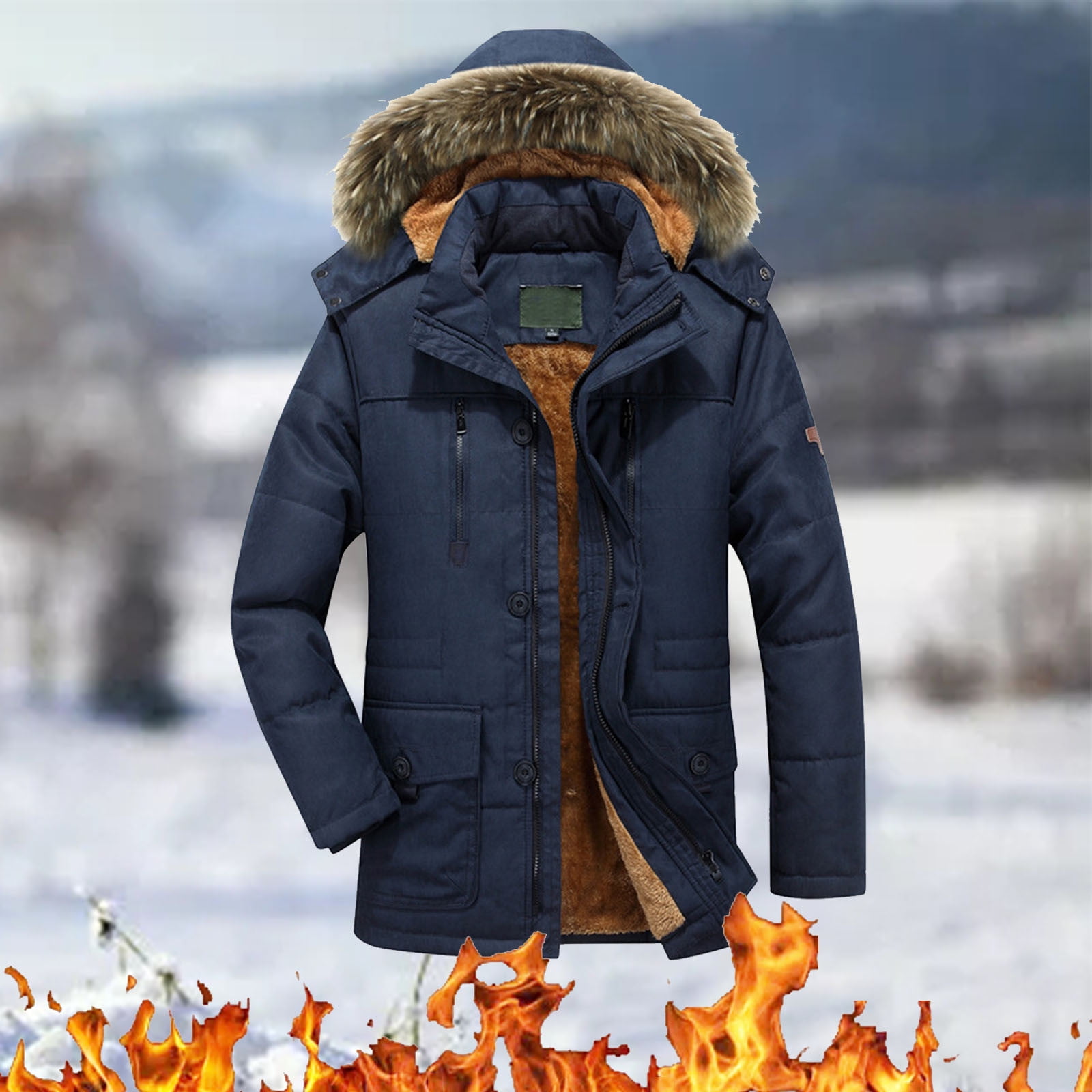 LEEy-world Light Winter Jackets for Men Men's Cargo Jacket Cotton Thicken  Lined Sherpa Jackets Winter Warm Collar Coats Multi Pockets Dark Blue,XXL 