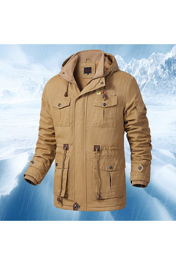 Mens Winter Coats With Hood Men Flannel Jacket Quilted Shirt Jackets Winter Plaid Long Sleeve Coat with Snaps on Top of Zipper and Removable Hood Khaki,5XL