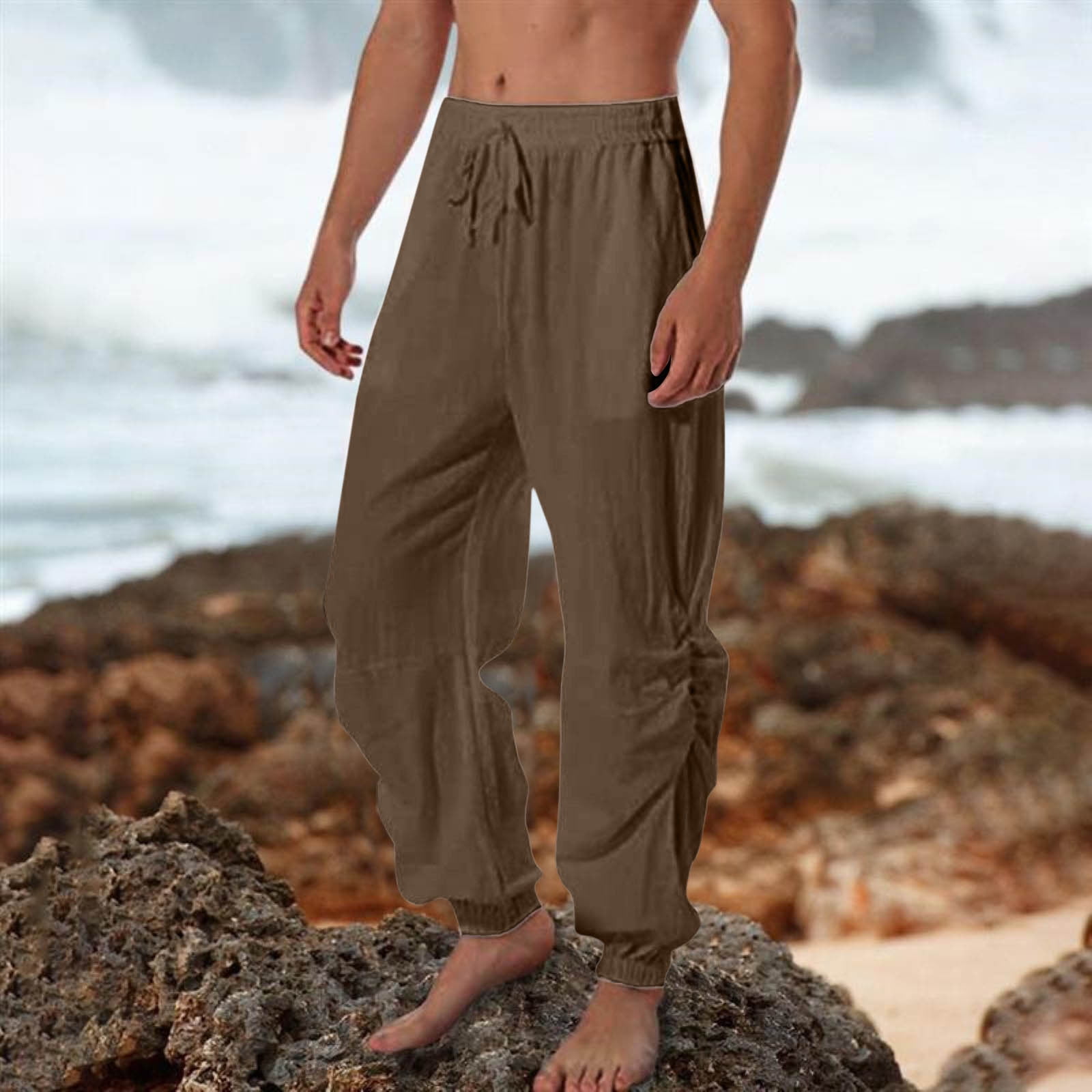LEEy world Sweatpants for Men Men s Drawstring Loose Linen Beach