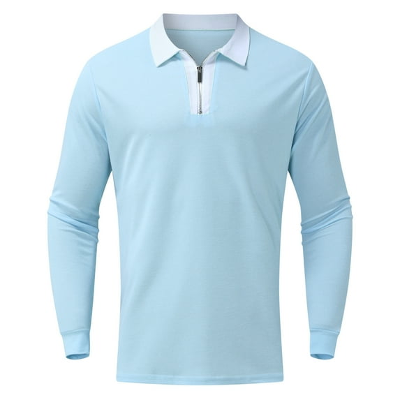 LEEy-world Polo Shirts For Men Men's Casual Zipper Shirt Blouse Turn-Down Collar Top Blouse Patchwork Long Sleeve Fashion Warm Soft Polos Shirt Light Blue,L