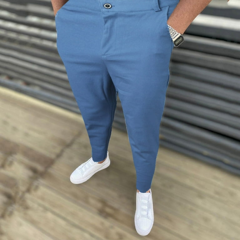 LEEy-world Work Pants For Men Men's Autumn Lesiure Pant Solid Color Casual  Cropped Pant Trousers Contrast Color Lace Sports Loose Pants Blue,XXL 
