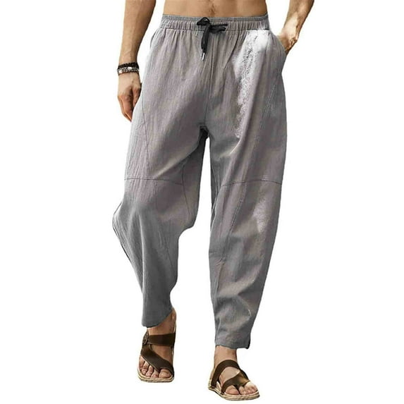 LEEy-world Work Pants for Men Men's Casual Loose Fit Straight-Legs Stretchy Waist Beach Pants Grey,L