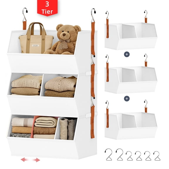 DIMJ White Christmas Decorations Storage Bins,3-Tier Fabric Hanging Closet Organizer and Storage,Clothes Hanging Shelves for Closet with Dividerfor Wrapping Paper Storage,Dorm Room Essentials