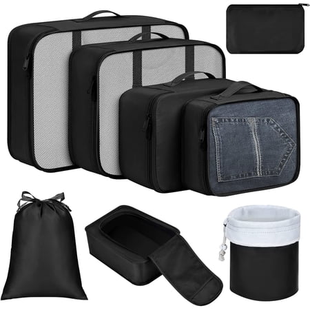 LEFEE Packing Cubes, Travel Suitcase Organizer Cubes Set, 8 Pcs Collapsible Lightweight Luggage Storage Bags Compression Pouches for Shoes Accessories, Multi-functional Cloth Sorting Packages, Black