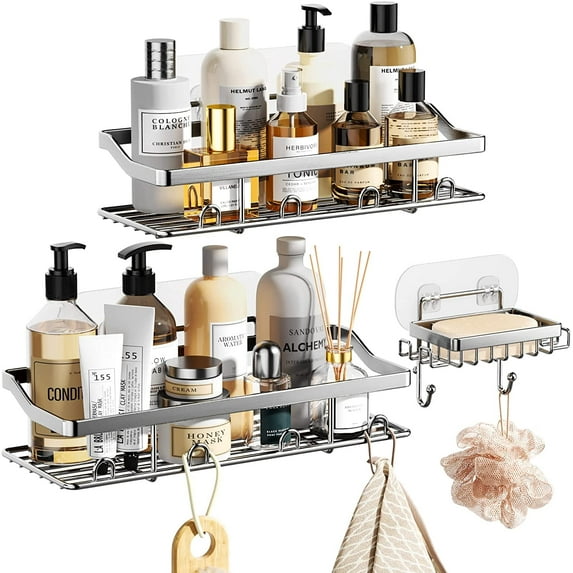 LEFEE Shower Caddy, Shower Shelf, Shower Organizer, With Shower Soap Holder--14 Hooks, Rustproof Stainless Steel with Spare Adhesives, 3 Packs, Silver
