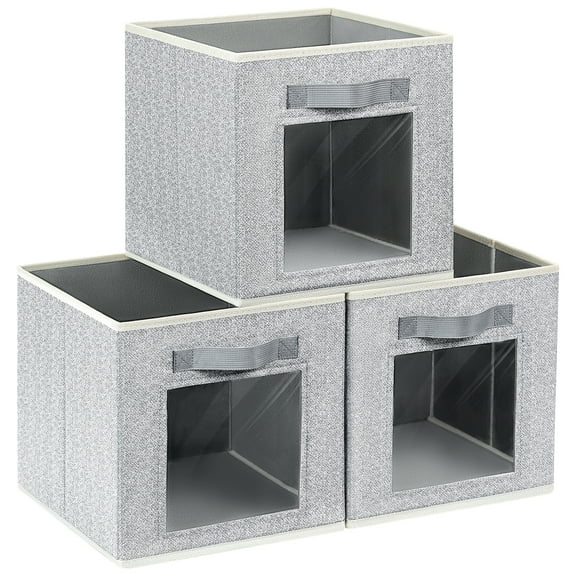 LEFEE Storage Bins, Cube Storage Organizer Bins with Window, Fabric Baskets for Organizing, Closet Organizer and Storage Box with Front Handle for Clothes, Books, Bookcase, 3 Packs, Ash Grey