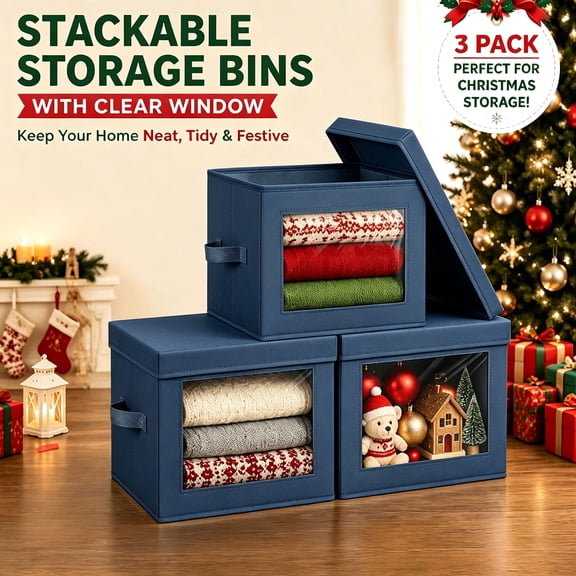 DIMJ 3PCS Fabric Storage Bins with Lids Collapsible Foldable, Clear Window Closet Storage Boxes for 22L Closet Organizers with Handles Closet Storage for Baskets for Shelves,Navy Blue