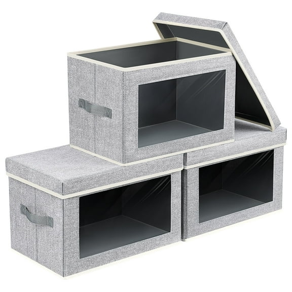 LEFEE Storage Bins with Lids, Fabric Cube Storage Organizer Bins with Window, Foldable Storage Baskets with Handle, Closet Organizers and Storage Boxs for Cloth, Toys, Books, DVDs, 3 Pcs, Ash Grey