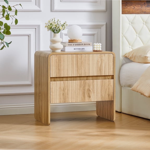 LEFHDA 2 Drawer Fluted Nightstand, Wood Fluted Bedside Table for Bedroom, Mid-Century Modern End Tables(Oak)