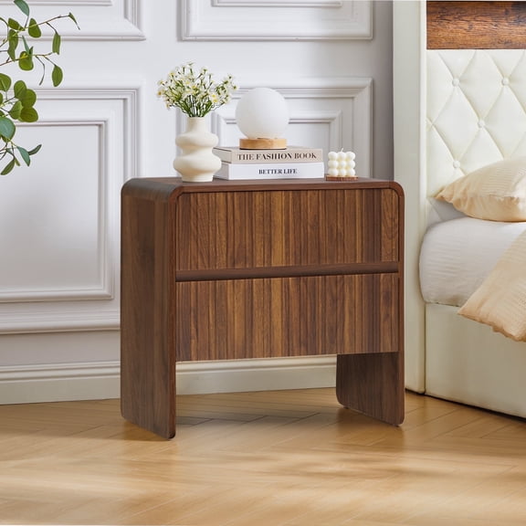 LEFHDA 2 Drawer Fluted Nightstand, Wood Fluted Bedside Table for Bedroom, Mid-Century Modern End Tables(Walnut)
