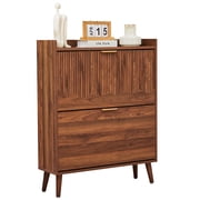 LEFHDA 2-Drawer Fluted Shoe Cabinet with 5-Tier Storage, Freestanding Narrow Organizer for Entryway, Hallway, Walnut