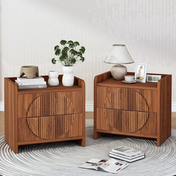 LEFHDA 24 Inch Wide Fluted Nightstands with 2 Drawers, Large End Table for Bedroom, Mid Century Modern Bedside Table with Storage, Wood Night Stand for Living Room, Office (Walnut Set of 2)