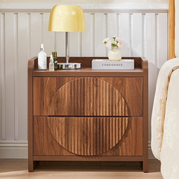 LEFHDA 24 Inch Wide Fluted Nightstands with 2 Drawers, Large End Table for Bedroom, Mid Century Modern Bedside Table with Storage, Wood Night Stand for Living Room, Office (Walnut)