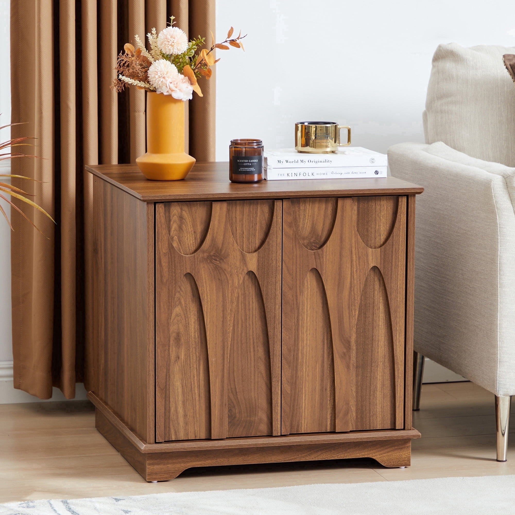 LEFHDA 24" Large Square End Table with Storage — Mid Century Modern Sofa Side Table, Nightstand with Doors/Drawer & Adjustable Shelf for Living Room, Bedroom, Office