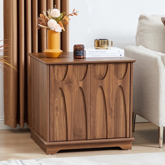 LEFHDA 24" Large Square End Table with Storage — Mid Century Modern Sofa Side Table, Nightstand with Doors/Drawer & Adjustable Shelf for Living Room, Bedroom, Office