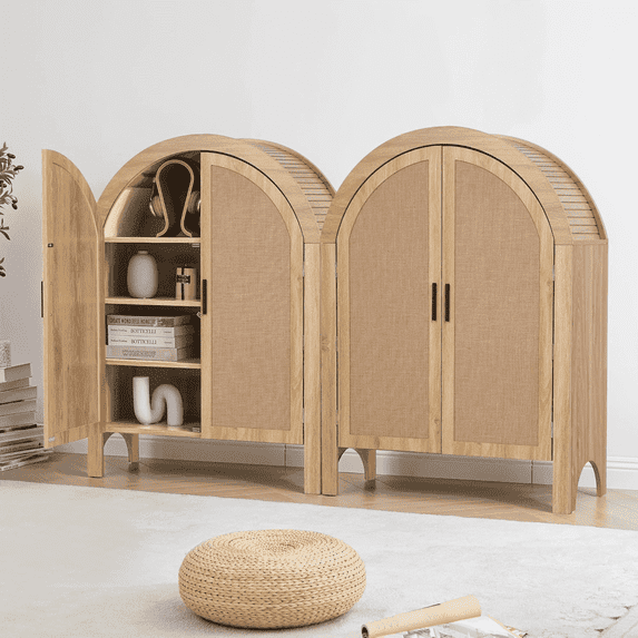 LEFHDA 2PCS Wood Bookshelf with Doors, Kids Arched Bookcase, Modern 4-Tier Bookshelf, Low Short Bookshelf with Adjustable Shelves, Covered Rounded Top Display Cabinet (Natural)