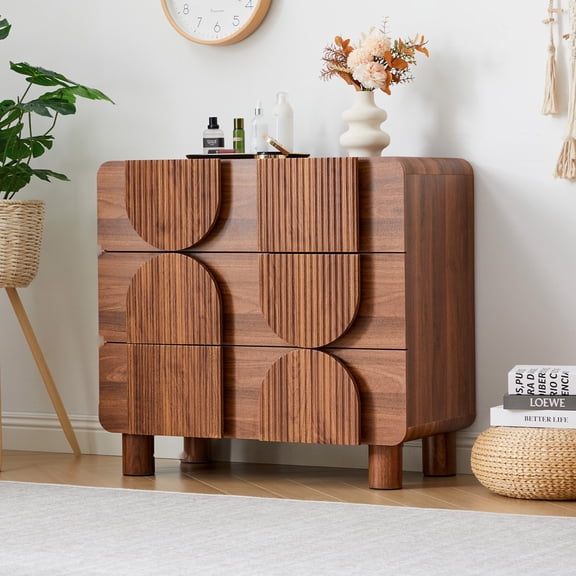 LEFHDA 3-Drawer Dresser for Bedroom & Living Room, 31.5" Wide Modern Wood Chest of Drawers with Anti-Toppling Device, Fluted Mid-Century Storage Cabinet for Entryway, Hallway, Closet - Walnut