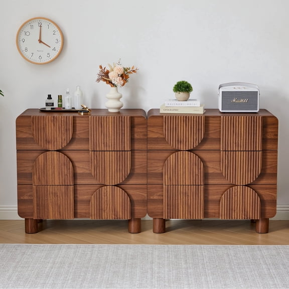 LEFHDA 3-Drawer Dresser for Bedroom & Living Room, 31.5" Wide Modern Wood Chest of Drawers with Anti-Toppling Device, Fluted Mid-Century Storage Cabinet for Entryway Walnut Set of 2