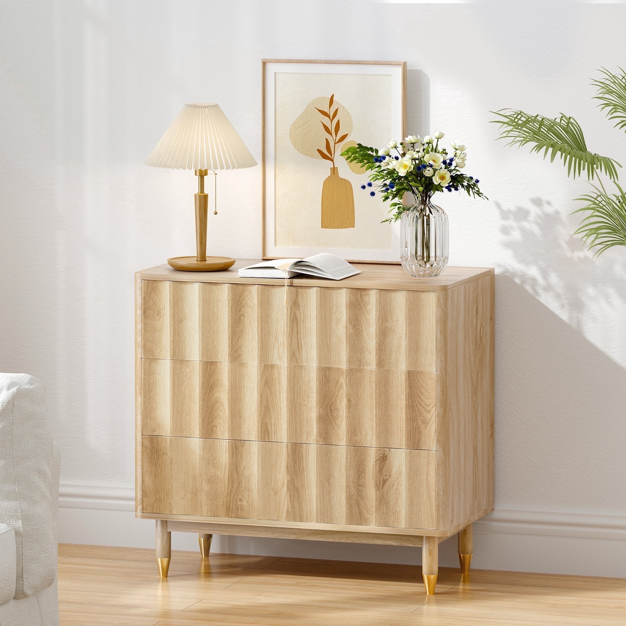 LEFHDA 31.5" Dresser Fluted 3 Drawer Dresser, Small Modern Chest of Drawers, Wood Storage Dressers Organizer Storage Cabinet for Bedroom Living Room Hallway Entryway