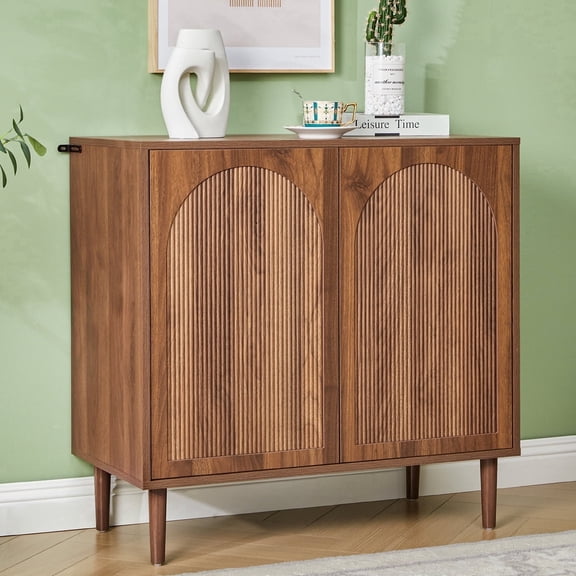 LEFHDA 31.5" Fluted Sideboard Buffet Cabinet with 2 Doors & Adjustable Shelves, Mid-Century Modern Wood Storage Cabinet with Arched Profile for Dining Room, Kitchen, Living Room, Hallway