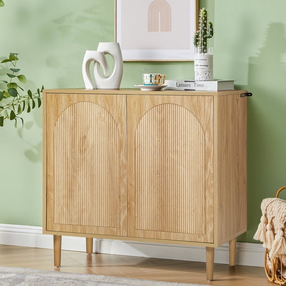 LEFHDA 31.5" Fluted Sideboard Buffet Cabinet with 2 Doors & Adjustable Shelves, Mid-Century Modern Wood Storage Cabinet with Arched Profile for Dining Room, Kitchen, Living Room and Entryway