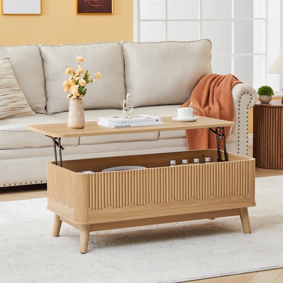 LEFHDA 39" Lift Top Coffee Table with Hidden Storage, Mid Century Modern Fluted Rectangular Wood Center Table with Wave Profile, Rising Top Pop-Up Table for Living Room, Home Office (Oak)