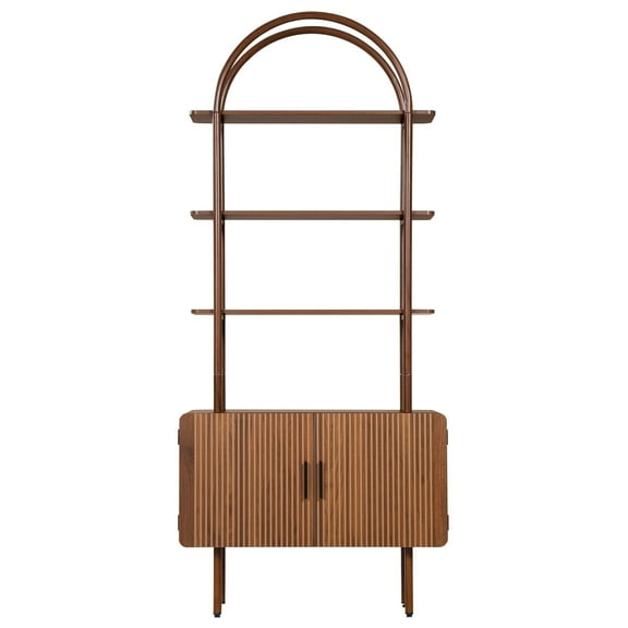 LEFHDA 4-Tier Open Display Bookcase, 71" Tall Fluted Arched Bookshelf with 2 Doors, Mid Century Modern Storage Book Shelf for Bedroom, Living Room, Vintage