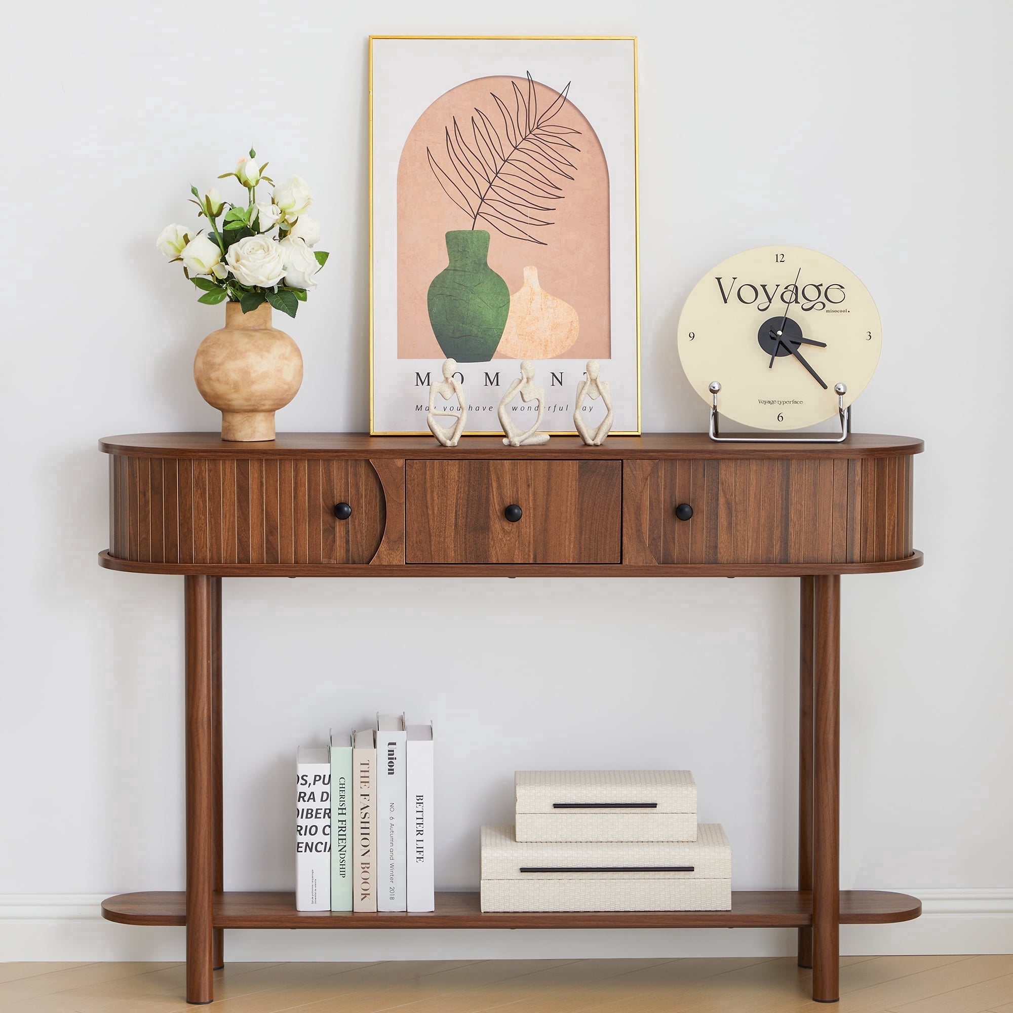 LEFHDA 47.2" Fluted Console Table with Drawers & Tambour Door, Narrow Entryway Sofa Table with Storage for Hallway, Living Room Behind Couch - Rustic Brown