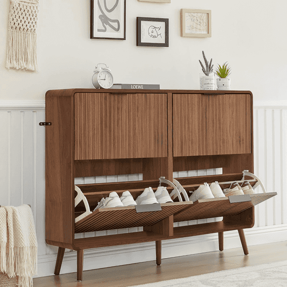 LEFHDA 47" Fluted Large Shoe Cabinet with 4 Flip Drawers, Slim Freestanding Shoe Cabinet Organizer, Narrow Shoes Storage Rack for Entryway, 5 Sturdy Legs (Walnut, 9.45”D x 47.24”W x 35.83”H)
