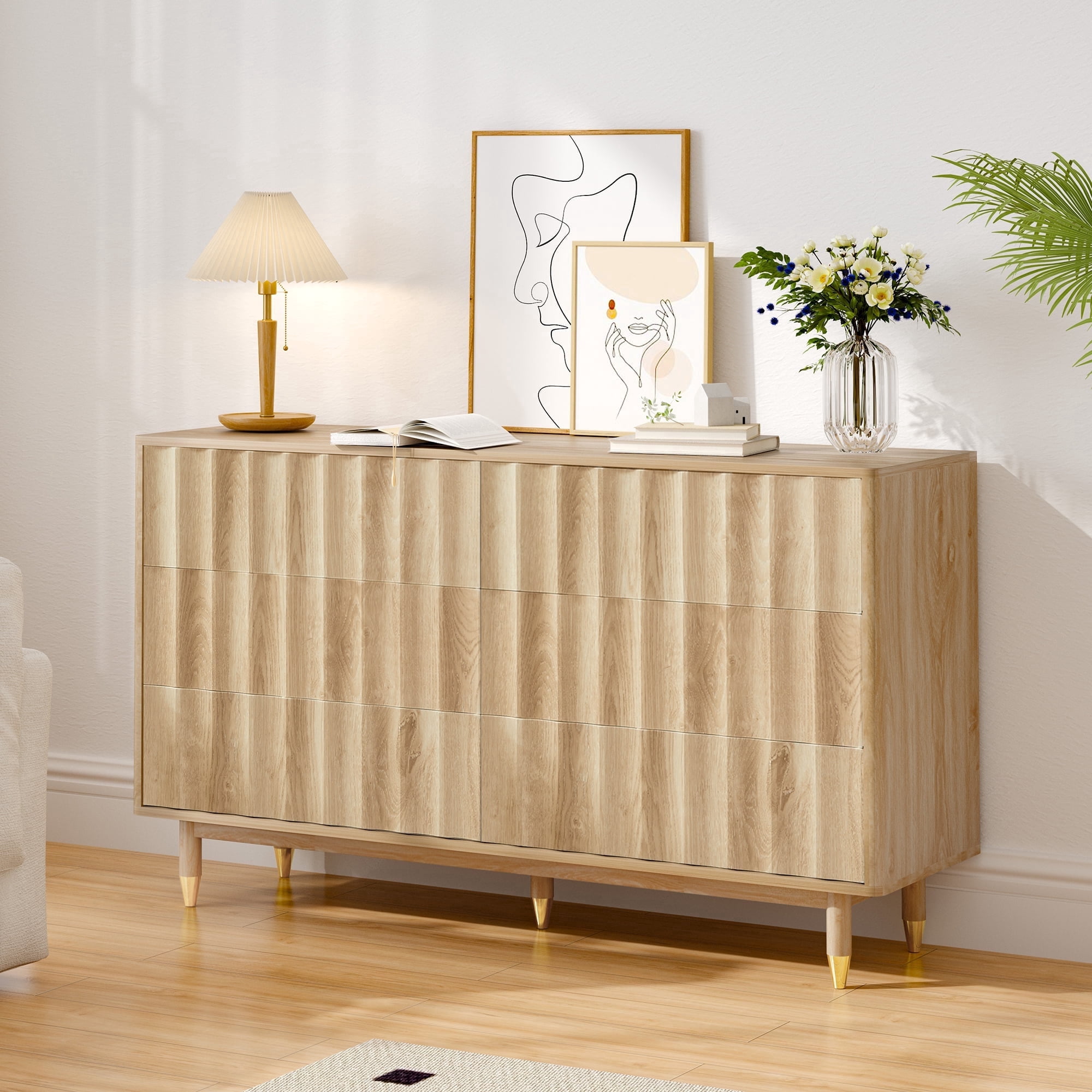 LEFHDA 53" Dresser Fluted 6 Drawer Dresser, Large Modern Chest of Drawers, Wide Wood Storage Dressers Organizer Storage Cabinet for Bedroom Living Room Hallway Entryway