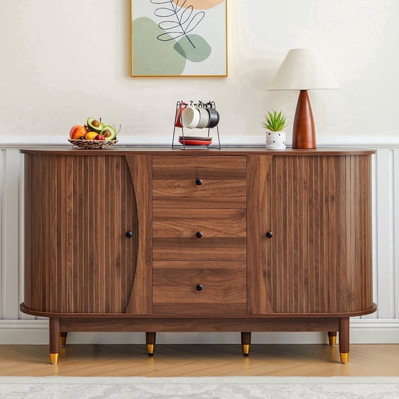 LEFHDA 55" Sideboard Buffet Cabinets with Fluted Designs, 2 Sliding Tambour Sliding Doors, Drawers, and Adjustable Shelves for Dining Room, Living Room