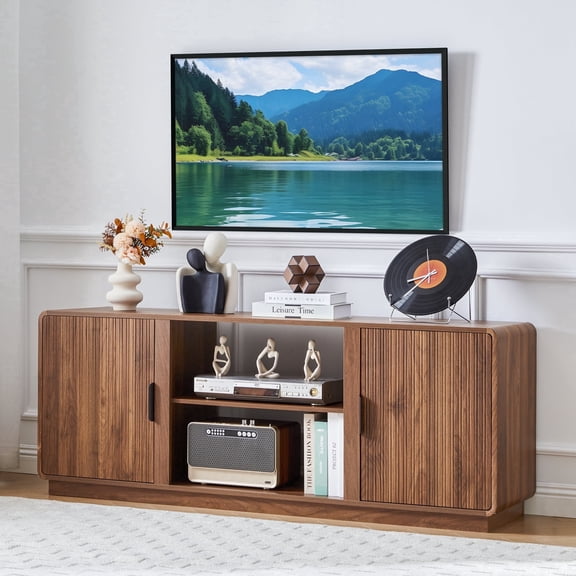 LEFHDA 60-inch Mid Century Modern TV Stand with Fluted Design & 2 Storage Cabinets, Entertainment Center for TVs up to 75" with Adjustable Shelf and Cable Management