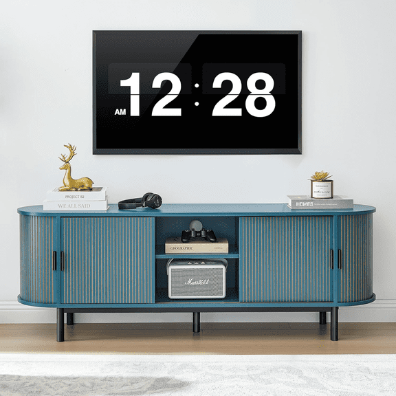 LEFHDA 62" TV Stand, Storage Cabinet and Entertainment Center with Tambour Door, Mid Century Modern TV Stand for Living Room, Modern TV Console Table for 65/70 Inch TV (Blue)