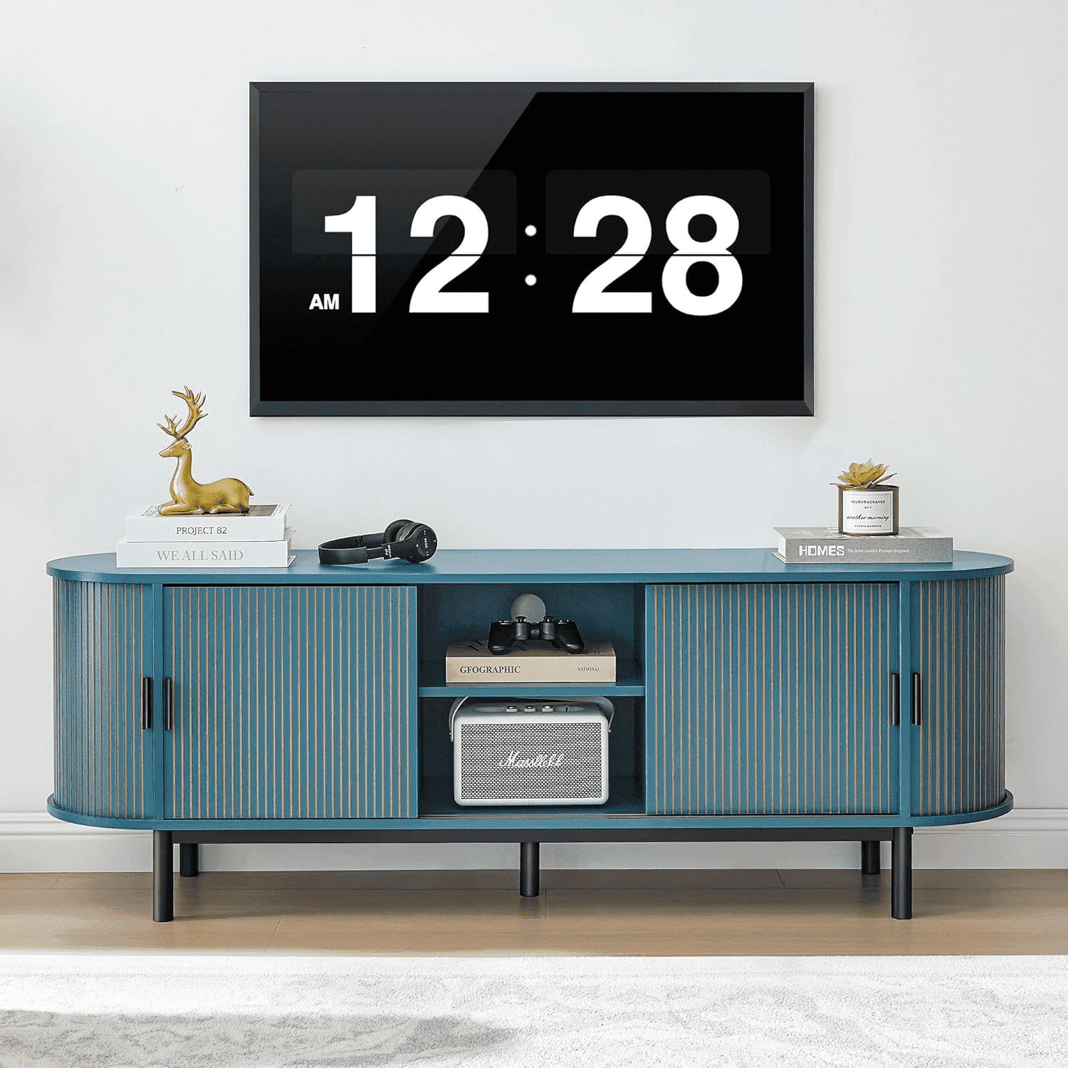 LEFHDA 62" TV Stand, Storage Cabinet and Entertainment Center with Tambour Door, Mid Century Modern TV Stand for Living Room, Modern TV Console Table for 65/70 Inch TV (Blue)