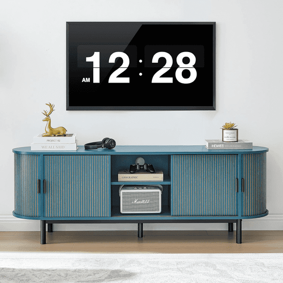 LEFHDA 62" TV Stand, Storage Cabinet and Entertainment Center with Tambour Door, Mid Century Modern TV Stand for Living Room, Modern TV Console Table for 65/70 Inch TV (Blue)