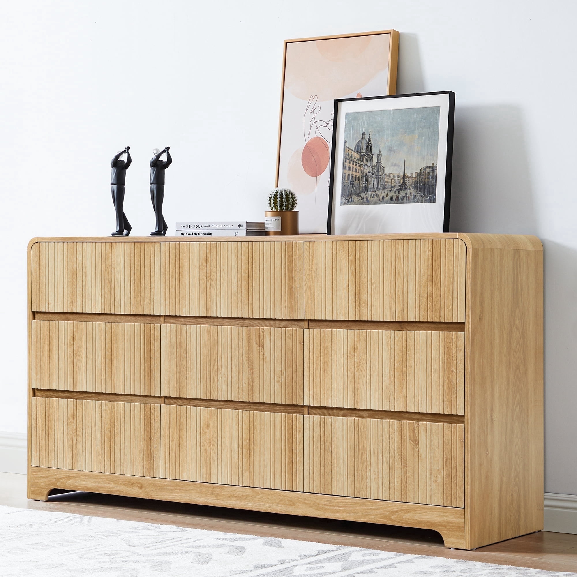 LEFHDA 63" Large 9 Drawer Wood Dressers, Fluted Wide Chest of Drawers, Mid Century Modern Wood Dresser for Living Room, Bedroom, Oak