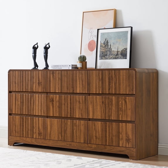 LEFHDA 63" Large 9 Drawer Wood Dressers, Fluted Wide Chest of Drawers, Mid Century Modern Wood Dresser for Living Room, Bedroom, Walnut