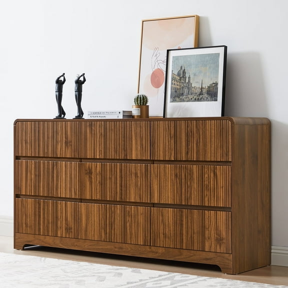 LEFHDA 63" Large 9 Drawer Wood Dressers, Fluted Wide Chest of Drawers, Mid Century Modern Wood Dresser for Living Room, Bedroom, Walnut