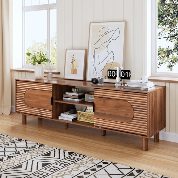 LEFHDA 63" Mid Century Modern TV Stand, Wooden Media Console Cabinet for 70 Inch TV, 2 Storage Cabinets with Adjustable Shelf, Sturdy Legs for Living Room, Bedroom, Walnut