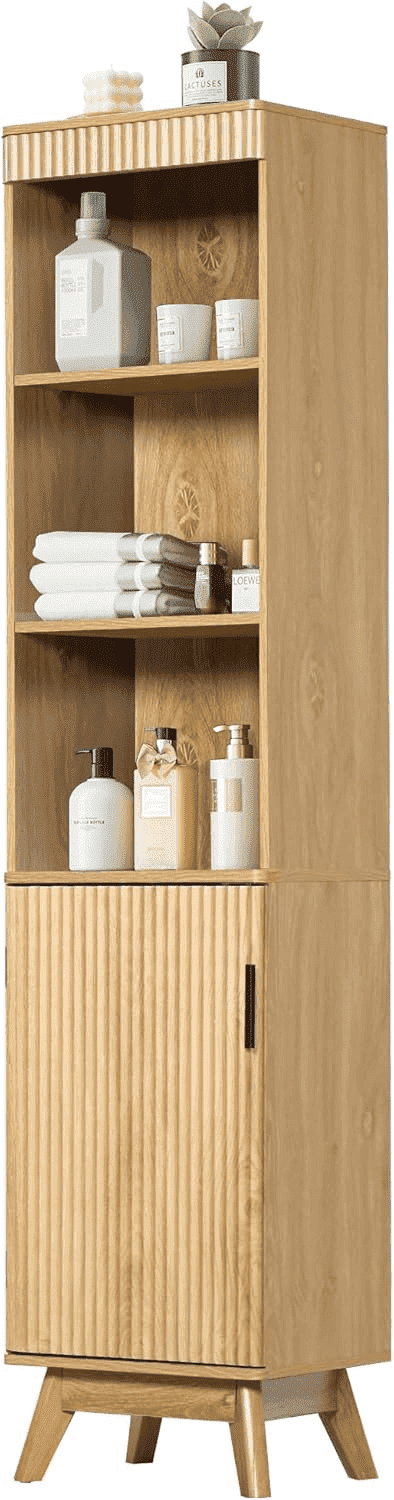 LEFHDA 68" Bathroom Storage Cabinet with Doors, Narrow Tall Fluted Cabinet, Wooden Mid-century Modern Cabinet with Adjustable Shelf, Bathroom Kitchen Living Room