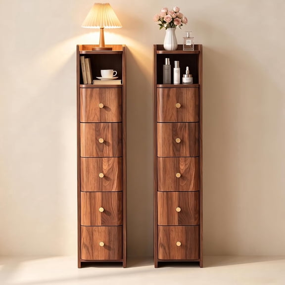 LEFHDA 7.87" Ultra Narrow Nightstand Set of 2 with 5 Drawers, Tall 37" Skinny Bedside Table for Dorm, Small Bedroom, Compact Spaces, Walnut