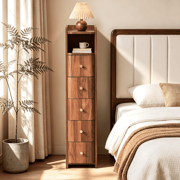 LEFHDA 7.87" Ultra Narrow Nightstand with 5 Drawers, Tall 37" Skinny Bedside Table for Dorm, Small Bedroom, Compact Spaces, Walnut