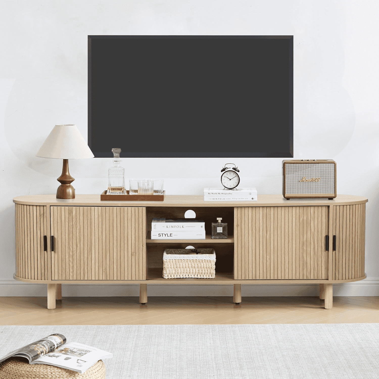 LEFHDA 70.8" Mid Century Modern TV Stand, Wood Tambour Door Entertainment Center with Storage for TVs Up to 75", Curved Edge Cabinet for Living Room Bedroom（Natural）