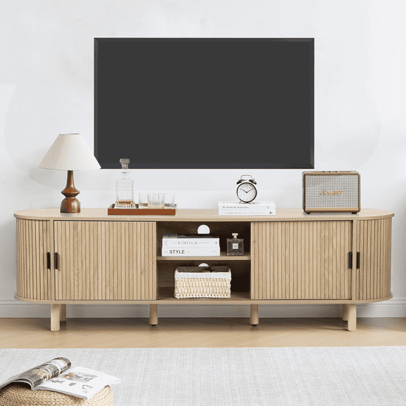 LEFHDA 70.8" Mid Century Modern TV Stand, Wood Tambour Door Entertainment Center with Storage for TVs Up to 75", Curved Edge Cabinet for Living Room Bedroom（Natural）