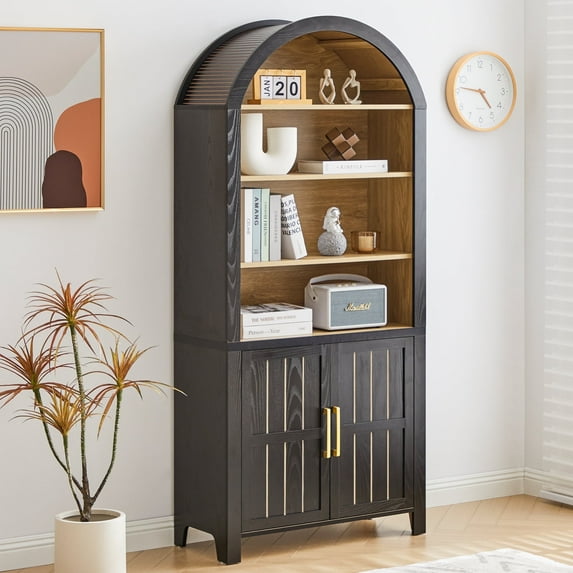 LEFHDA 71" Arched Cabinet, 6-Tier Arched Bookcase with 2 Doors, Modern Farmhouse Storage Bookshelf, Wooden Cabinet for Living Room, Kitchen (Black)