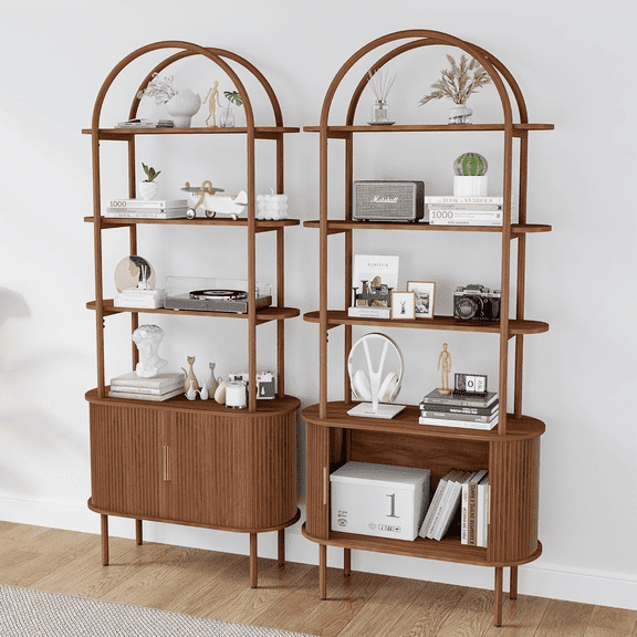 LEFHDA 71" Tall Fluted Arched Bookshelf with Sliding Tambour Doors, 4-Tier Open Display Bookcase, Mid Century Modern Curved Bookshelf for Bedroom/Living Room(Walunt Set of 2)